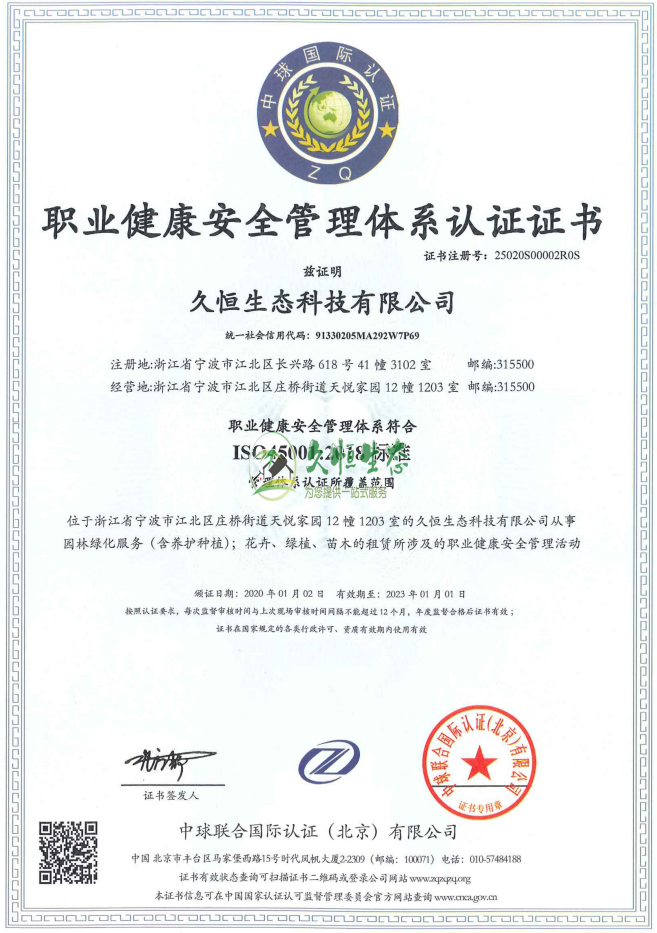 宁波镇海职业健康安全管理体系ISO45001证书